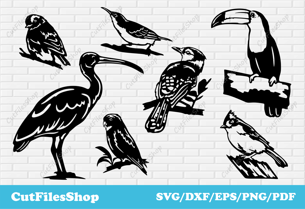 Birds dxf for Laser cutting, Svg birds for cricut, CNC cut files, DXF for cnc plasma, toucan svg, blue bird svg dxf, birds decor dxf, birds for laser, collection birds svg, silhouette birds, birds for plasma cutting, parrot dxf, free download dxf birds, wall decor birds dxf, vector birds, сrested tit svg dxf, blue jay svg dxf vector