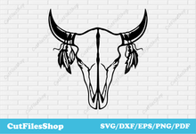 Load image into Gallery viewer, Bull skull dxf svg cut files for cricut, Laser cutting, svg for shirts, svg for laser engraving, bull skull png, decor dxf, svg for craft, cut files shop, paper craft svg, cup designs svg
