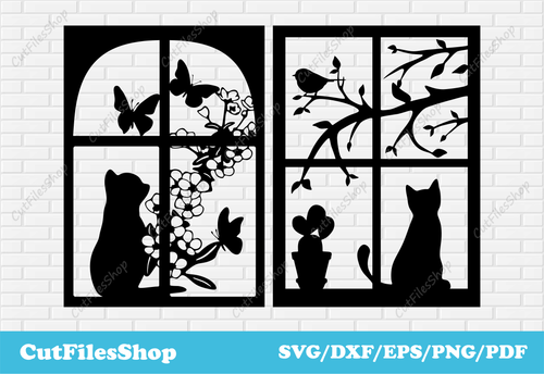 Cat svg images, cat dxf files for laser cutting, pets svg for cricut, pets cut files, Cats in Window Svg, flowers cats svg images, cute svg images