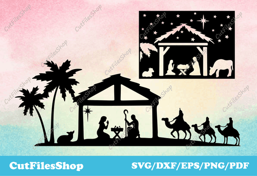Christmas scenes svg files, holy night vector images, Nativity svg files, dxf for laser cut, Nativity dxf files, holy night dxf, christmas scene decorations dxf, christmas for cnc machines