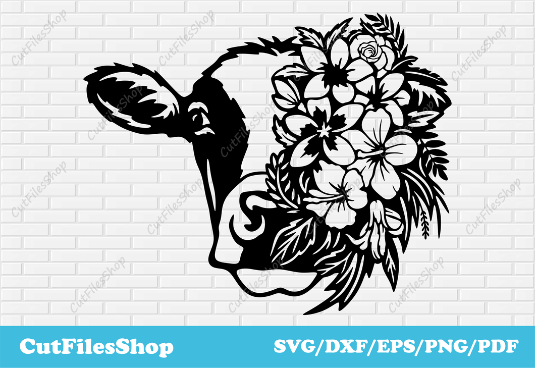 Cow with flowers svg cut file for cricut, cow dxf for laser cut, Cow svg for shirts, Cow face svg dxf, animals svg for shirts, cricut design space svg images, flowers svg for shirts, farm animals svg dxf, cow for cricut