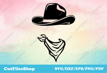 Load image into Gallery viewer, Cowboy hat svg file, Cowboy hat dxf, Cowboy clothing svg, svg for vinyl cutter, svg clip art, vector art cut, dxf laser cutting files, T shirt svg design download, Svg files for t shirts vectors, instant download, vector files, png for sublimation, Silhouette files, DXF files for laser cutting
