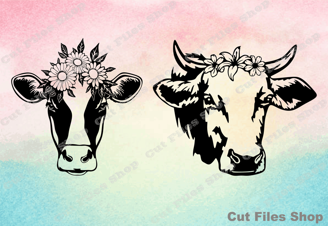 Cute cows, vector art, flowers, cow with wreath, svg for cricut