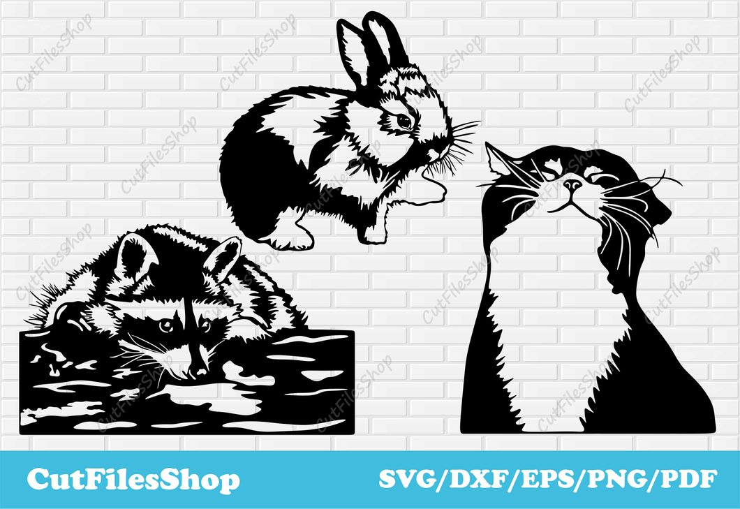 Cute animals svg, svg files for cricut, dxf files for laser cut, svg for shirts, Silhouette cameo dxf files, svg for shirts, best svg images, svg for website, raccoon dxf, rabbit dxf, cat dxf
