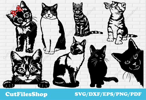 Cute cats svg cut files for cricut, dxf cats for laser cutting, vinyl cut files, vector for shirts, cut files shop, funny cats svg, peeking cats svg, cats png, dxf images, cute svg dxf, svg designs, wall art svg dxf, laser engraving files, baby shirt svg, Download CNC files - DXF SVG EPS Сollection of cute cats for cricut, scrapbook svg images, Dxf files for laser cutting, vinyl cut files, Vector images for shirts