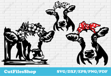 Load image into Gallery viewer, Cow head with flower wreath svg cut files for cricut, svg for shirts, dxf files download, stickers making svg, cow scene dxf, cow scene svg, peeking cow svg dxf, cricut files, cutting metal dxf, files for laser engaving, digital prints, cow png dxf svg eps, cow vector, shirt cow svg
