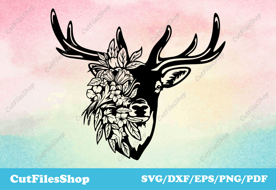 Deer with flowers vector, dxf files for laser, svg for cricut, silhouette files