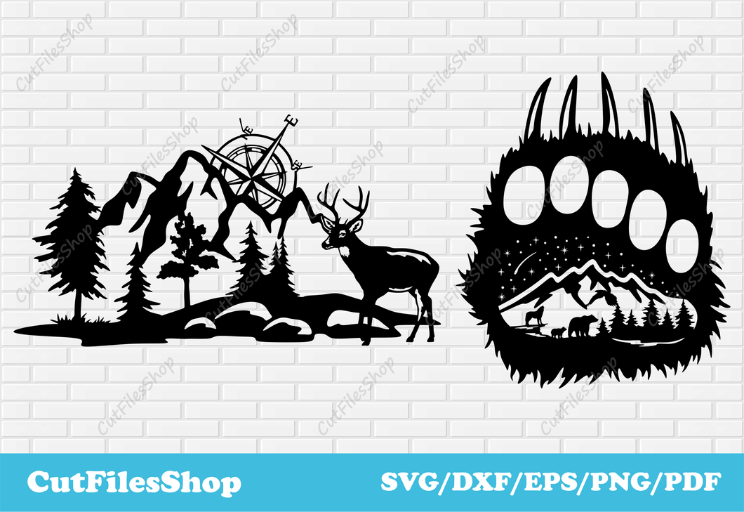 Deer scene dxf for laser cutting, bear paw dxf for plasma cut, cnc files for cutting, animals scenes dxf, decor dxf for metal cut, Cut Files Shop, bear scene dxf, dxf for cnc cutting machines, plasma cnc cut, deer scene dxf, beautiful nature dxf, paw bear dxf cut file, svg nature scene