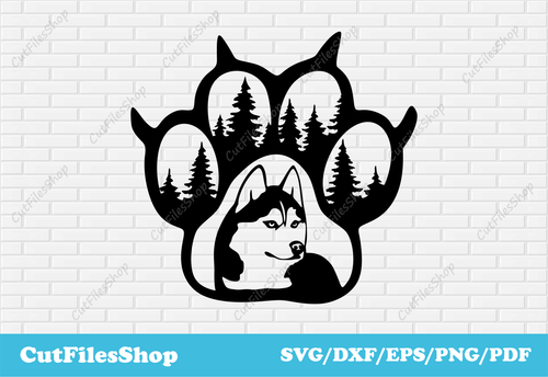 Dog paw dxf for laser cutting, Svg for cricut, Dxf for Plasma cut, husky svg, husky dxf, dog svg, forest dxf, shirts svg art, husky art png, husky for shirt, paw dog svg, cut files shop