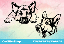 Load image into Gallery viewer, Animals dxf, dog png, dog dxf files, dog svg files, cute animals for cricut, peeking dog svg, t-shirt designs, vector stock, vector animals, files for cnc laser, dxf for cnc, German Shepherd vector
