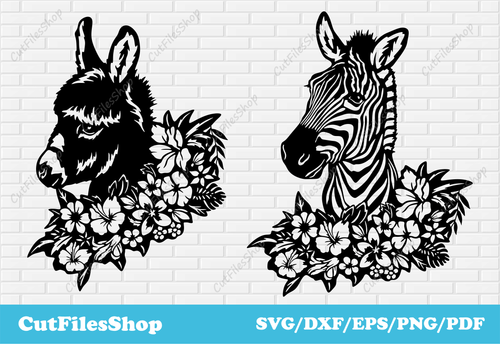 Animals with flowers svg cut files for cricut, vector for shirts, zebra dxf, donkey dxf, animals dxf for laser cutting, Vector images for shirts, DXF files for CNC cutting, Files for cutting plywood, Metal cut dxf animals, Plasma cnc cut, Card making svg, cute animals dxf svg, cnc cut animals, decor animals dxf