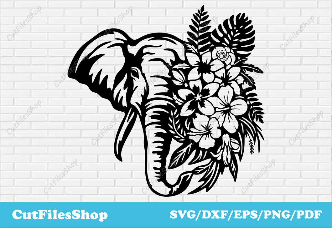 Elephant with flowers svg cut file for cricut, Dxf for cnc laser cutting, svg shirts designs, Elephant svg dxf, Cut files shop, flowers svg dxf, flowers shirts designs vector, download vector images, cnc files for cutting, plasma dxf files, svg art, dxf scene, animals scene dxf, animals art