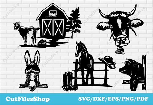 Farm scenes dxf, farm animals svg dxffor cricut, card making svg, cnc plasma files, farm life dxf, cow  scene dxf, horse scene dxf, goat scene dxf, pig scene dxf, donkey scene dxf, farm house dxf, CNC files for Laser Cutting, DXF for Plasma cut, Svg for cricut, Engraving cnc files, Silhouette cameo images, Metal cutting files