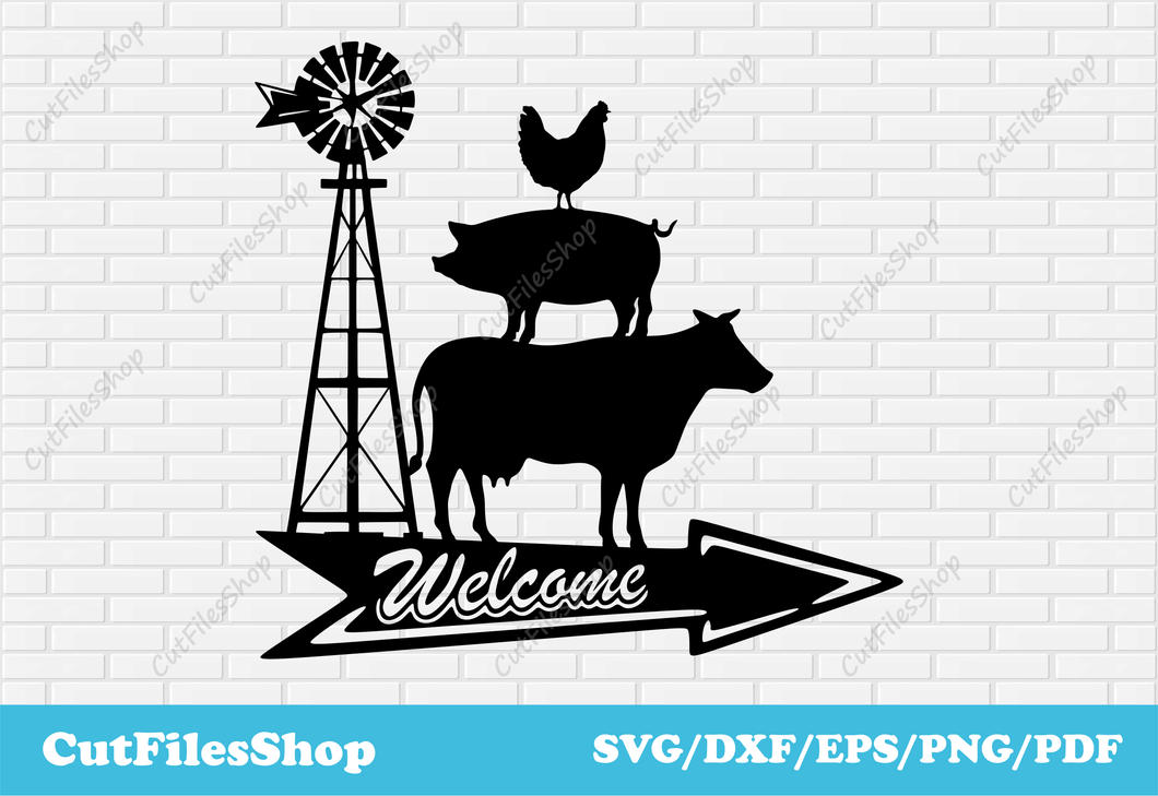 Farm welcome dxf svg, vane dxf for laser cutting, DXF for cnc, plasma cutting files, svg for cricut, welcome dxf, cow scene dxf, pig scene dxf, chicken scene dxf, vane svg, welcome for laser cut, vane dxf, farm scene dxf, farm animals scene dxf