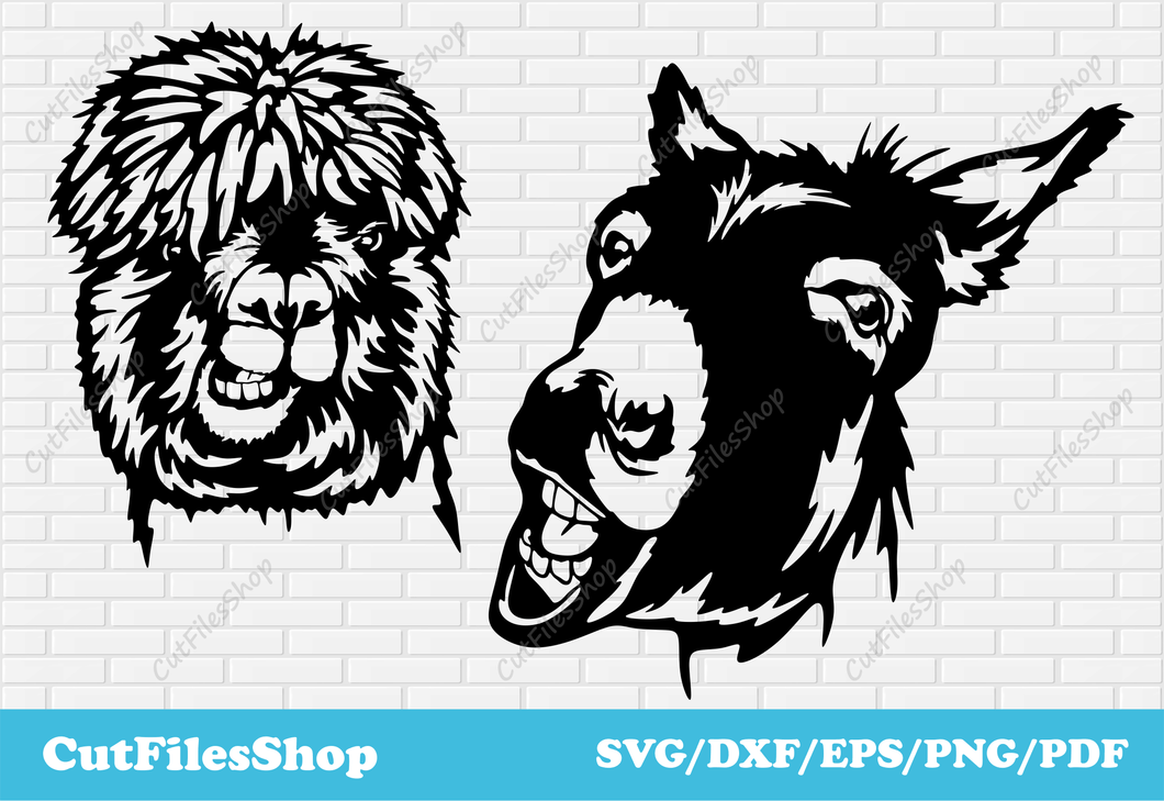 Funny animals svg cut files for ccricut, t shirt designs, dxf for laser cutting, Silhouette svg, animals dxf files, cut files, animals clipart, vector animals, donkey svg, llama svg, cute animals for cricut, animals for cricut