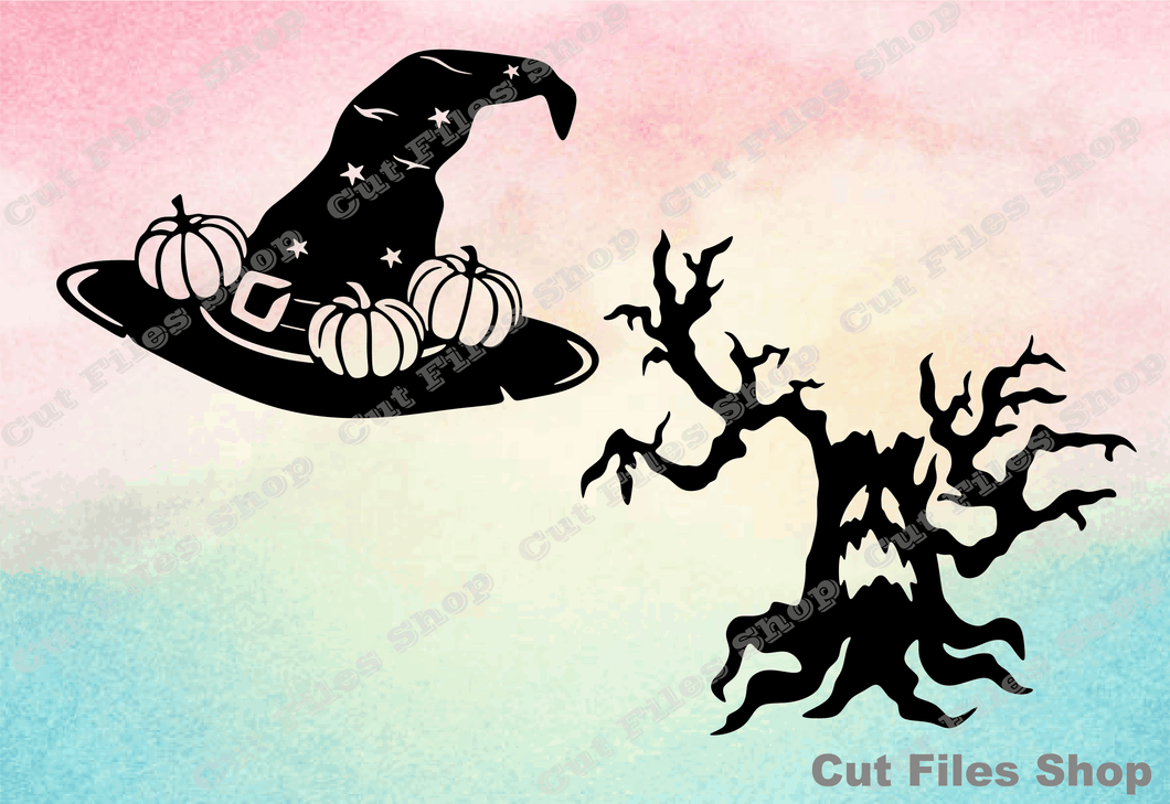 Halloween clipart, evil tree svg, witch hat svg, laser design, dxf files for cnc, glowforge svg files, cnc art