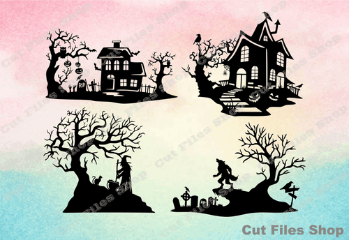 Halloween scene, Halloween clip art, cricut svg files, Halloween for laser cut, cricut files