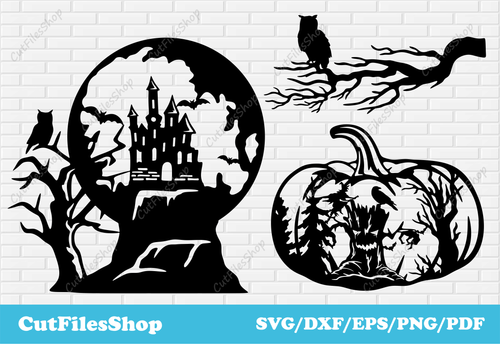 Halloween scenes dxf for laser cutting, dxf halloween for decor making, Halloween for cricut, haunted castle halloween, halloween owl, png happy halloween, party halloween svg, halloween decor dxf for home, halloween stickers, clip art halloween, dxf for halloween, scary tree svg