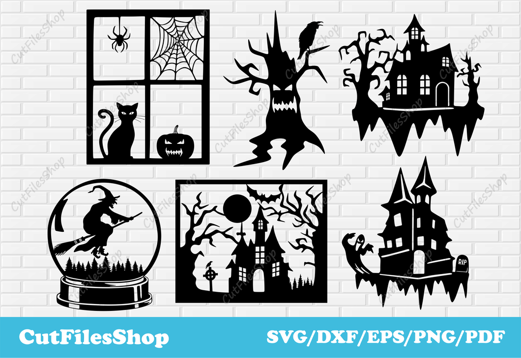 Halloween scenes svg files for cricut, Dxf Halloween, Halloween shirts svg, halloween decor dxf, halloween for cricut, Cut Files Shop, halloween png, halloween for laser cutting, halloween castle dxf svg, scene halloween dxf, shirt halloween vector, Halloween decor making dxf