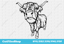 Load image into Gallery viewer, Highland Cow svg, Bull svg file, farm animal dxf files, svg file download, Laser cutting files, animals silhouette, animals face svg, dxf cut file, cow svg, cow dxf
