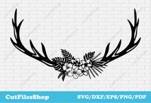 Load image into Gallery viewer, Horns with flowers svg cut file for cricut, dxf files for cnc laser, shirt designs svg, Deer Antlers svg, Cut Files Shop, svg art, flowers svg, plasma cnc cutting files, flowers dxf
