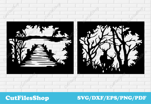 Landscape dxf files, Scenery Dxf Files, CNC plasma dxf files, Deer dxf files, Svg for cricut, nature dxf, wildlife dxf, laser cut files