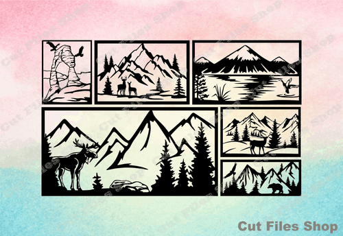 Mountains cut files, nature scene, mountains wall art, animals silhouette, dxf for laser, dxf for cnc