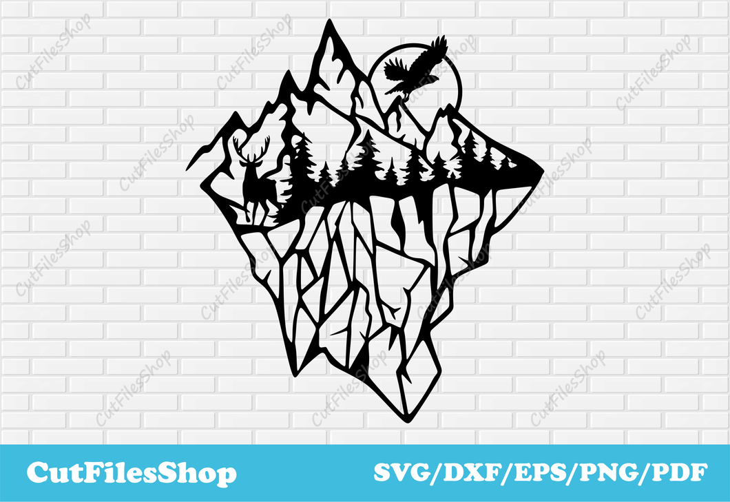 Mountains dxf for plasma cutting, Animals scenes dxf, DXF for cnc cutting, Cut Files Shop, deer scene dxf, eagle scene dxf, forest for laser cutting, sunset dxf svg, cricut cut files
