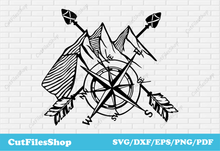 Load image into Gallery viewer, Mountains art svg cut file for cricut, dxf file for laser cut, svg for shirts designs, Cut Files Shop, mountains scene dxf, svg art designs, cricut images, dxf cnc files
