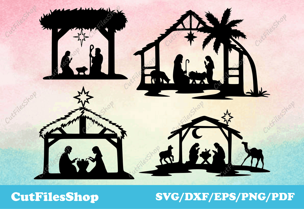 Nativity scene silhouette, Christmas images download, DXF files, SVG files