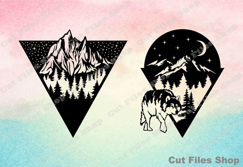 Nature scene, mountains vector, wolf svg, forest vector, svg for cricut, svg files
