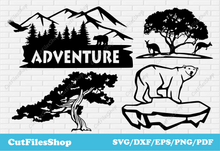 Load image into Gallery viewer, Wildlife scenes dxf files for laser cut, SVG for gift making, dxf for cnc, gift svg, Kangaroo dxf, polar bear dxf, tree dxf, forest scene dxf, mountains scenes dxf files, files for cnc plasma, dxf for laser cut, vinyl cutting, svg cutting files for cricut, silhouette nature images
