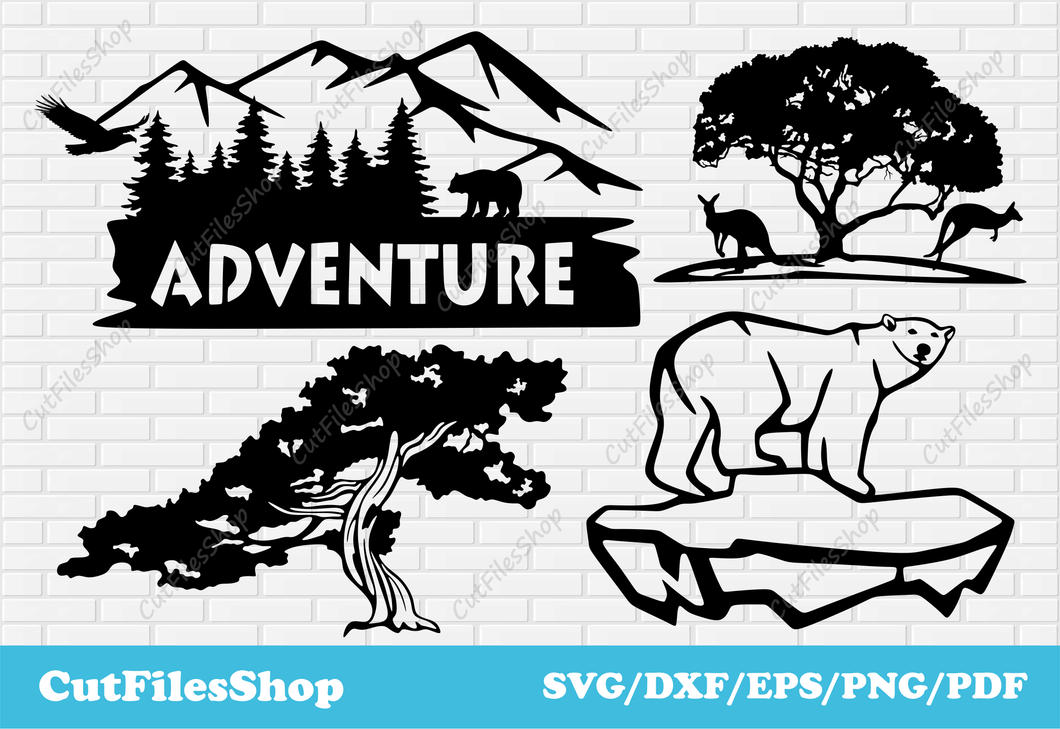 Wildlife scenes dxf files for laser cut, SVG for gift making, dxf for cnc, gift svg, Kangaroo dxf, polar bear dxf, tree dxf, forest scene dxf, mountains scenes dxf files, files for cnc plasma, dxf for laser cut, vinyl cutting, svg cutting files for cricut, silhouette nature images