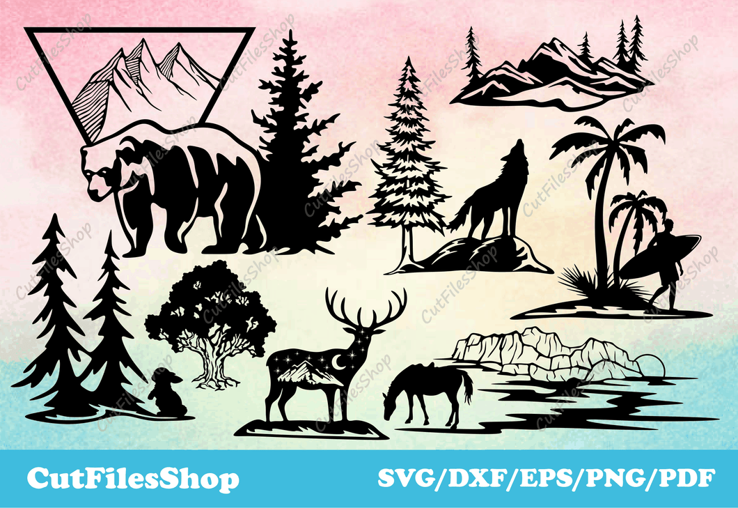 Wildlife scene dxf, nature cut file for cricut, animals dxf files for laser cutting