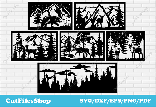 Nature panels dxf files for laser cutting, cnc files for plasma cut, svg cut files for cricut, Dxf files, cnc files, dxf cut files, panels decor dxf, svg cut files, deer dxf, moose dxf, forest dxf, cnc cut files, mountains scene dxf, wall decor cnc dxf, bear scene dxf, deer scene dxf, home decor dxf, wildlife scene dxf, cutting machine files, panels art dxf, cut files, cricut svg, dxf for cnc, animal clipart, animal scene dxf, laser cut files, plasma cut files