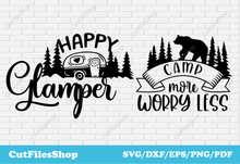 Load image into Gallery viewer, Happy glamper svg for cricut, camp more worry less cut files, T-shirt Designs, Cup svg designs, forest bear scenes dxf, cnc images, sublimation svg, woods svg dxf, camping svg
