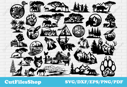 DXF files for Laser Cutting, Wildlife scenes svg for cricut, Decor making, DXF for Plasma Cut, Vinyl cut files, Silhouette Cameo, Stickers svg, dxf files, bear paw dxf files, wolf paws dxf files, farm animals dxf files, logo svg files, animals logos vector, horse for laser,wolf art dxf, bear dxf art, free dxf files, free home svg files, free cut files, crafts files, design bundles, svg files, laser cut wood, dxf cnc plasma, plasma cutter files, jungle animals dxf, forest animals dxf 