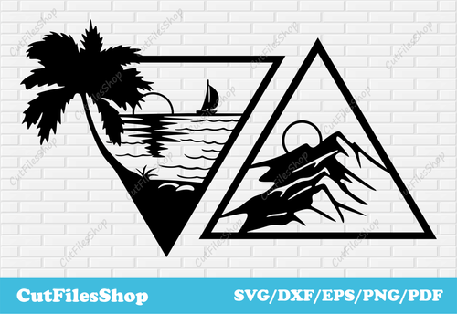 Nature geometric dxf, Digital files for CNC machines, SVG for cricut and Silhouette Cameo, triangle nature dxf, vector images download, sea dxf, palm dxf, mountains dxf, sunset dxf