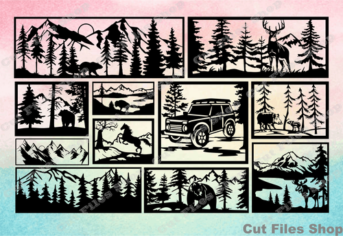 Nature scene, cut files, dxf for laser, animals scene, animals cut files - Cut files shop