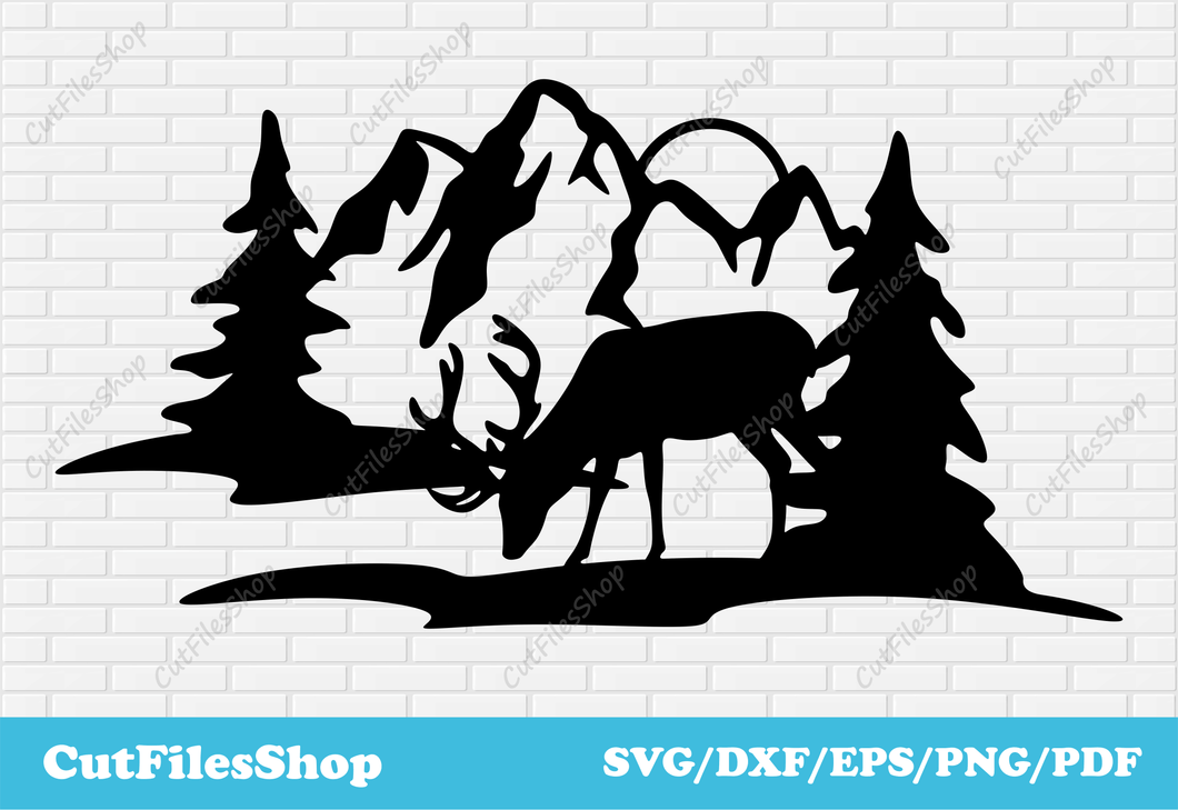 Wildlife scene dxf for laser cutting, Metal cutting files, Plasma cnc dxf, SVG for cricut, Deer decor dxf, landscape dxf, forest scene dxf, animals decor dxf