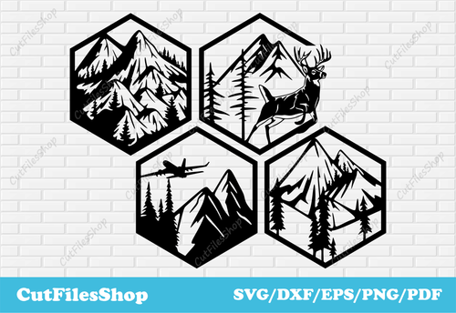 Wildlife decor dxf for laser cut, CNC files for cutting, Svg files for cricut, T-shirt designs, deer scene dxf, decor dxf, geometric decor dxf, cut files shop, mountains decor dxf, animals scene dxf