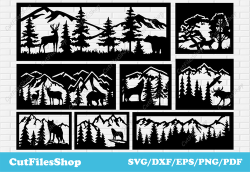 Wildlife panels dxf files, nature scene panels dxf, metal cutting panels, animals scene dxf, Cut Files Shop, files for cricut, nature scene svg, wolf dxf, deer scene dxf, fox dxf, panels dxf, moose dxf, forest scene dxf, dxf for cnc plasma cutting, bear scene dxf, plasma cutting panels dxf