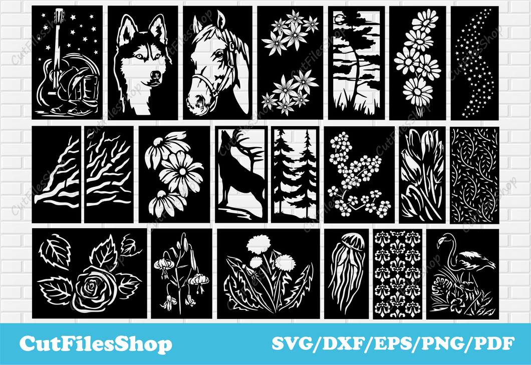 Panels dxf for laser cutting, dxf for cnc plasma cutting, svg for cricut, cutting machine files, dxf for cnc, horse panels dxf, flowers panels dxf, tree panels dxf, dxf cnc cutting, animals panels dxf, decor dxf, cutting files