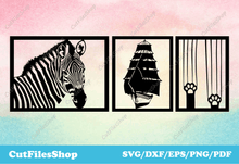 Load image into Gallery viewer, DXF files Wall decor for laser cutting, Cricut files, Wall art sticker svg, Dxf for waterjet cut, Files for cnc Plasma cut, dxf decorations, DXF for CNC, zebra panels dxf, cat panels dxf, ship panel dxf
