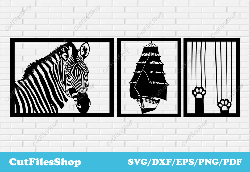 Panels dxf files for plasma cutting, ship dxf file, zebra dxf file, files for cnc laser, files for cnc, dxf cut files, panels dxf files, cnc panels for laser cut, panels cnc files