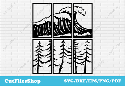 Wave panels dxf, Forest panels dxf, CNC files for Cutting, Svg files for Silhouette cameo, Plasma Cut files, Nature panels dxf files for cnc, cnc panels, nature scenes panels dxf