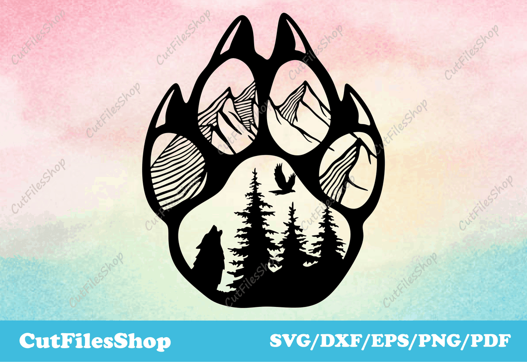 Animal paw svg file for cutting, forest silhouette dxf, animals for laser cutting, paw dxf files, paw svg files, wildlife scene dxf, scenery dxf files, cutting metal art dxf, vector t-shirt designs