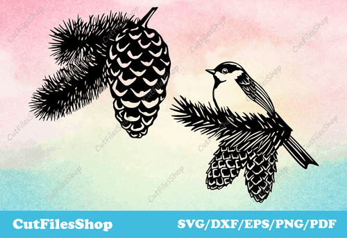 Pine cone svg, bird cutting files, vector files, Christmas tree, pine