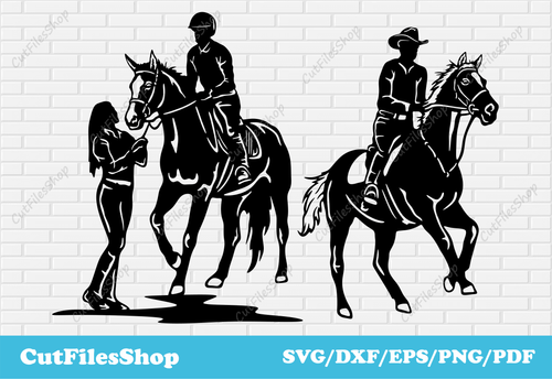 Riders dxf files for laser, horse racing dxf files, Cowboys svg files, Horse riders vector images, free dxf files, free cnc laser files, free cnc files, dxf for plasma cutting, woman with horse, woman riders horse dxf, man with horse dxf