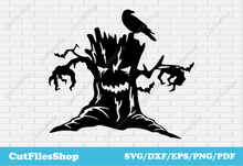 Load image into Gallery viewer, Scary tree svg dxf, svg for cricut, Halloween decor making, Digital Download svg, Fall decor dxf, halloween stickers svg, halloween card making, scary halloween svg dxf, happy halloween svg, bat svg, crow svg dxf
